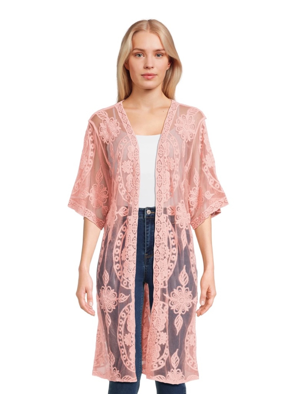 Time & Tru Pink Lace Sheer Kimono Cardigan Floral Open Front Boho NWT SIZE S/M
